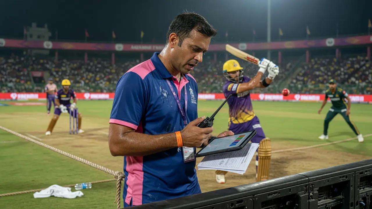 Cricket batter driving a delivery through the off side during an IPL night match under stadium lights