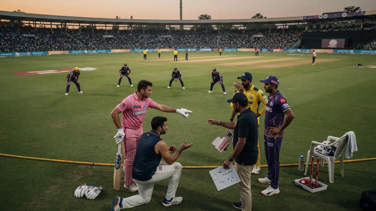 Fielders gathering in a tactical circle on the outfield during an IPL match as a bowler prepares at the top of the mark
