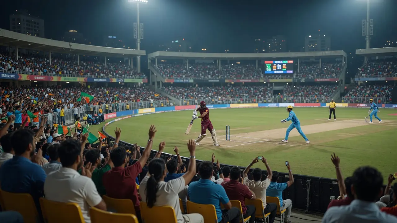 Wide evening view of a packed IPL cricket stadium with the field lit and the crowd filling the stands
