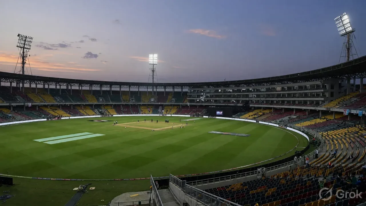 Cricket stadium in Raipur illuminated for an evening match