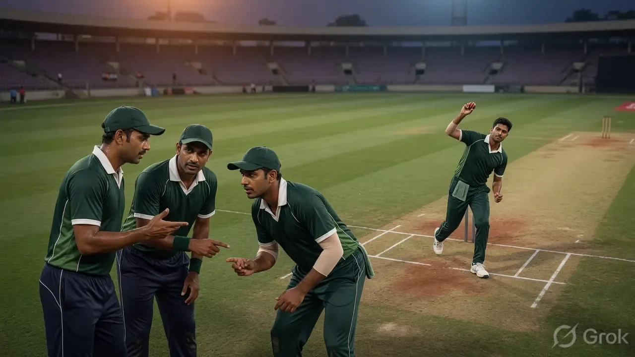 Cricket players in a tactical fielding huddle during an evening match